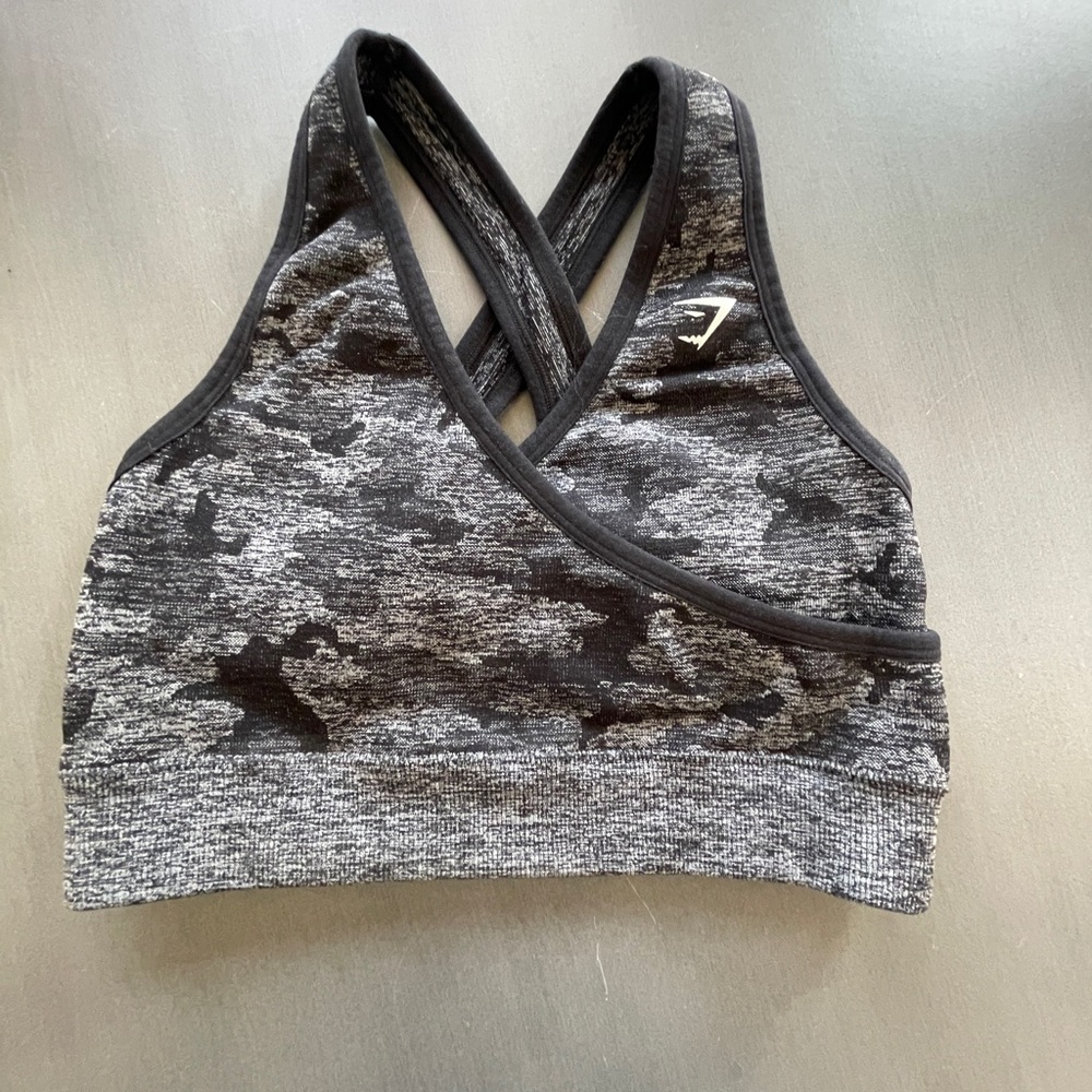 Gymshark Women's Black and Gray Camo Sports Bra size small